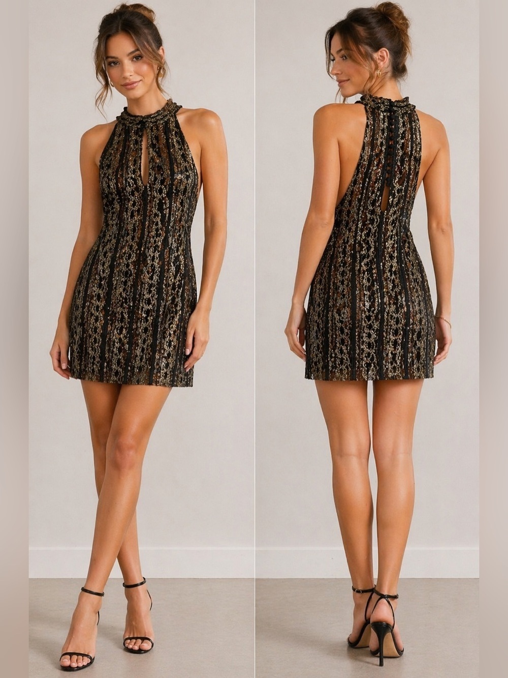 Free People Black Gold Lace Mini Dress XS Boho Party Glam Night Out Date Sexy
